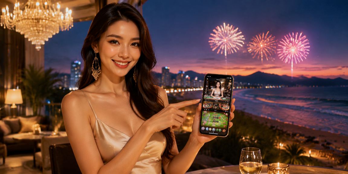 Người dùng chơi casino trên điện thoại tại bãi biển Đà Nẵng với giao diện hiện đại