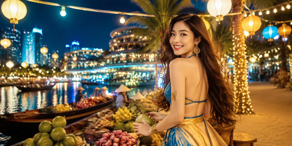 Không khí chợ đêm sôi động vùng Mekong với đèn sắc màu và giải trí casino trực tuyến