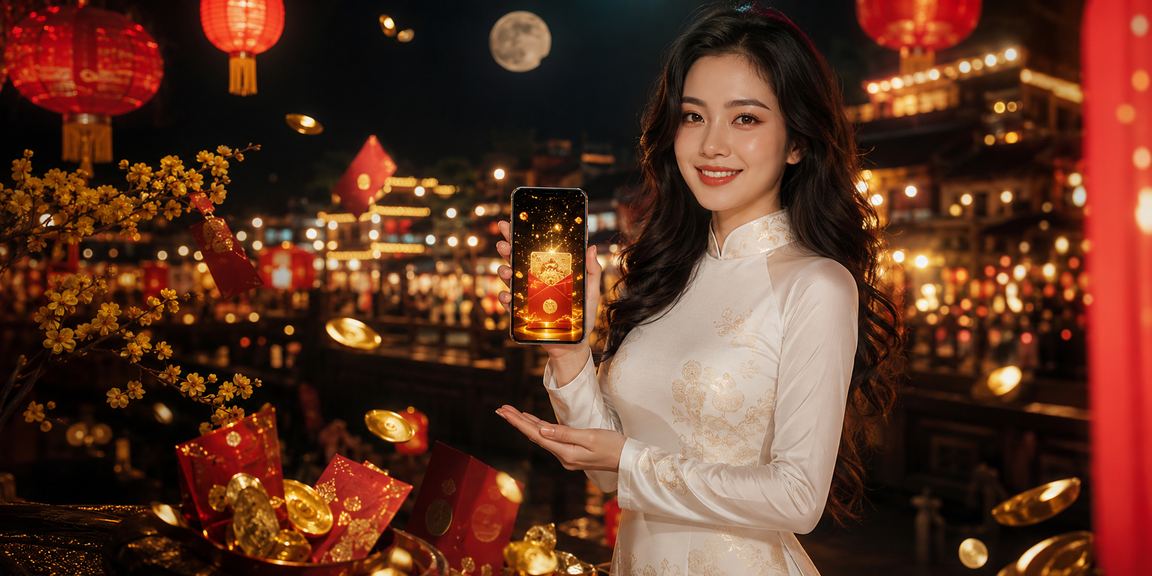 Người mặc áo dài cầm phong bì đỏ may mắn tại Nha Trang – không khí lễ hội và thưởng tiền
